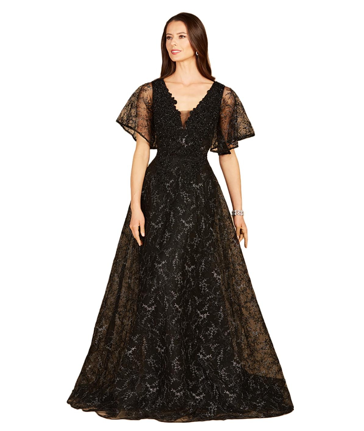 Victorian Dresses | Victorian Ballgowns | Victorian Clothing Womens Cape Sleeve Beaded Gown in Black $598.00 AT vintagedancer.com