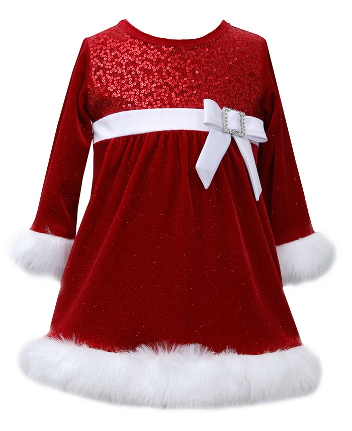 Bonnie Baby Baby Girls Sequin Velvet Santa Dress with Faux Fur