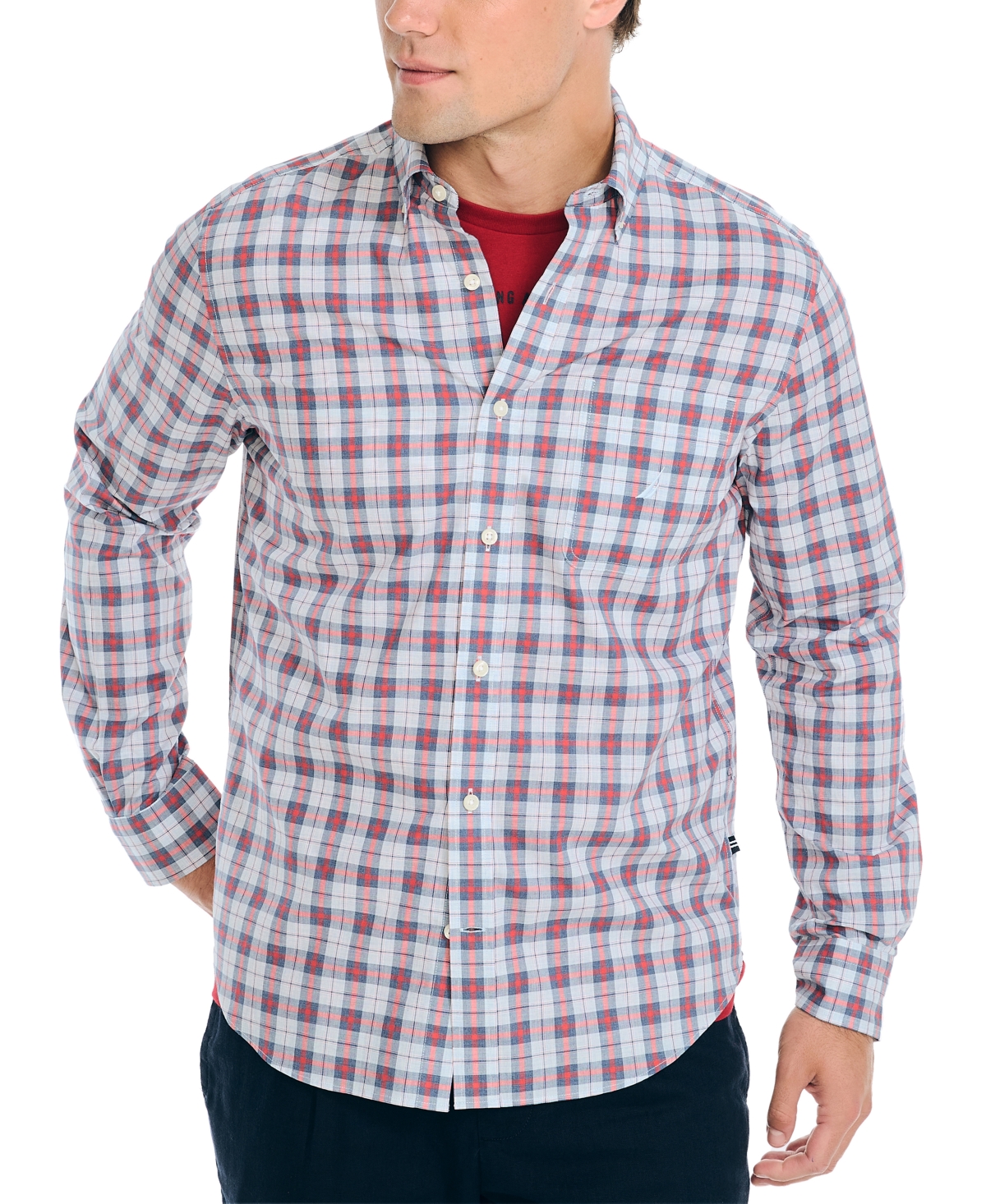 Nautica Men's Heathered Plaid Long-sleeve Button-up Shirt In Red