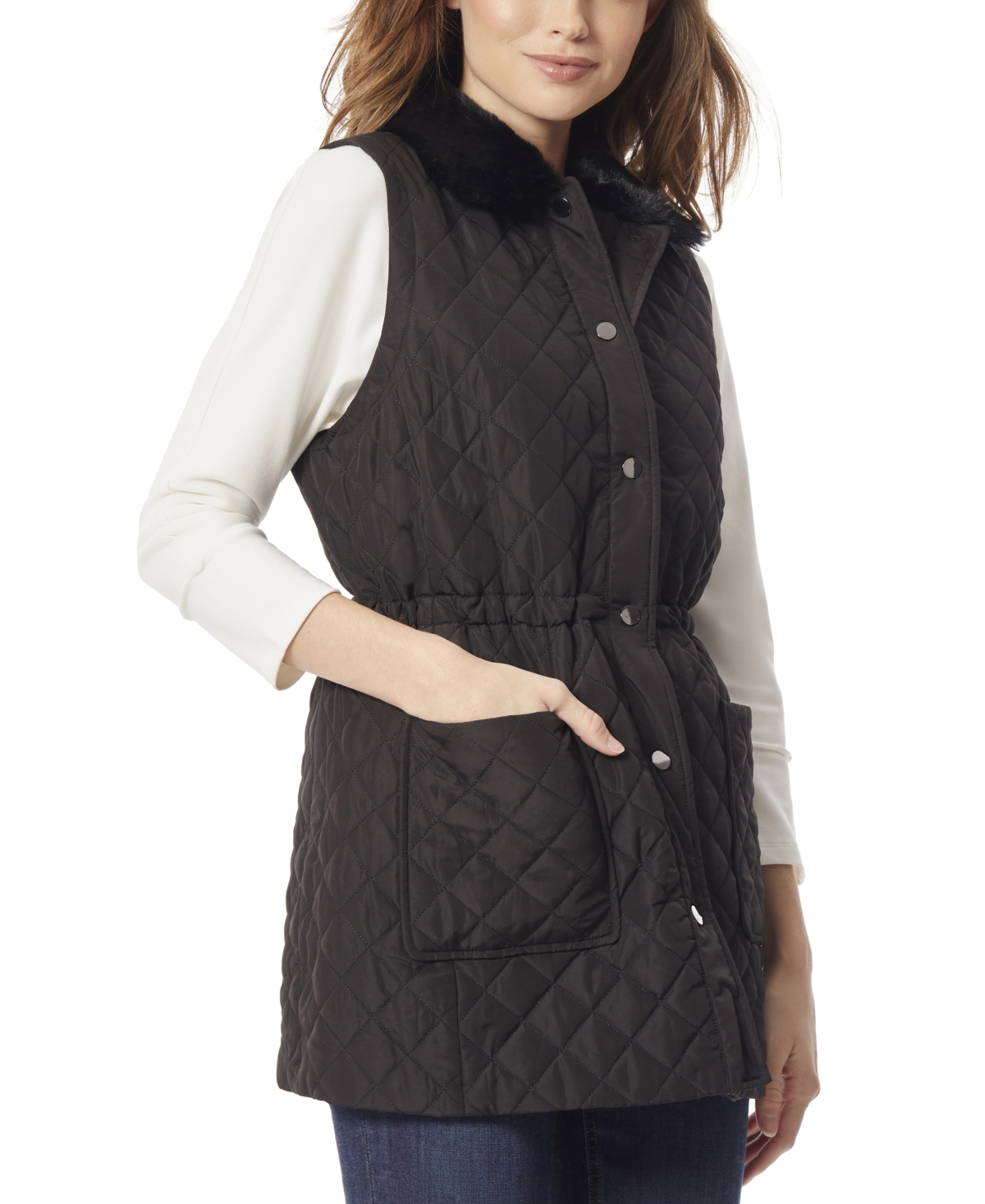 Shop Jones New York Women's Faux-fur Collar Quilted Long Vest In Jones Black
