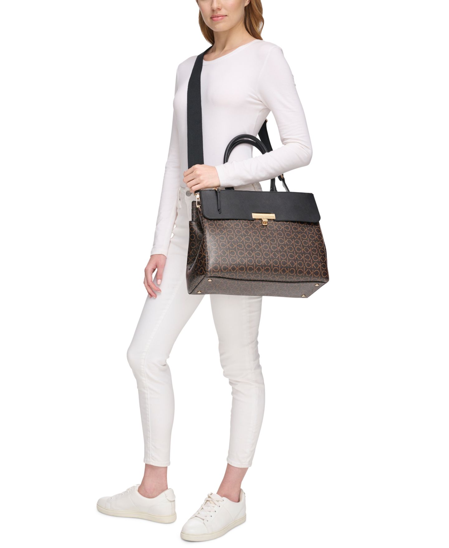 Женская сумка Calvin Klein Becky Signature Triple Compartment Turnlock Convertible Tote, цвет: Коричневый хаки / Чёрный — фото 2
