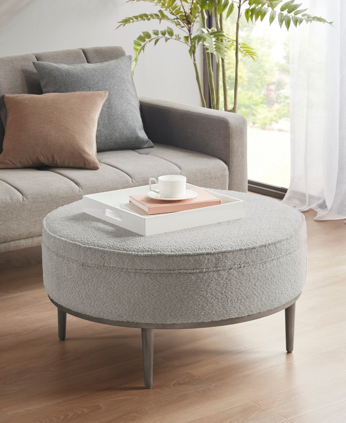 Madison Park Harriet 34" Wide Fabric Upholstered With Metal Base Round Cocktail Ottoman In Gray