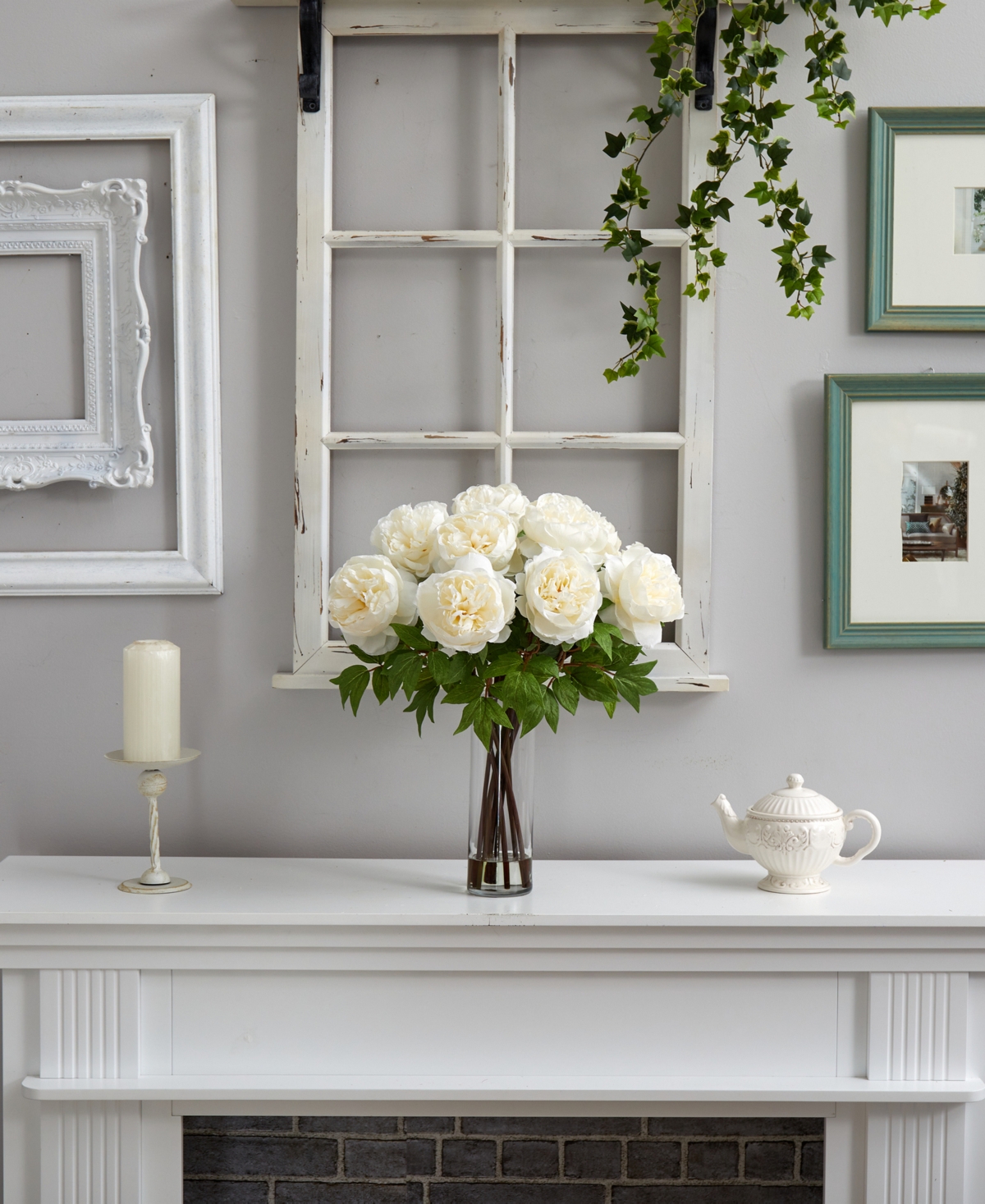 NEARLY NATURAL 22" ARTIFICIAL PEONY ARRANGEMENT WITH CYLINDER GLASS VASE 