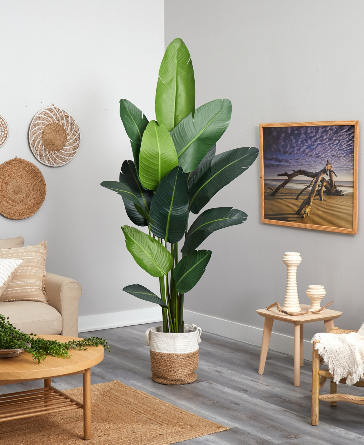 NEARLY NATURAL 84" ARTIFICIAL TRAVELERS PALM TREE WITH HANDMADE JUTE COTTON BASKET 