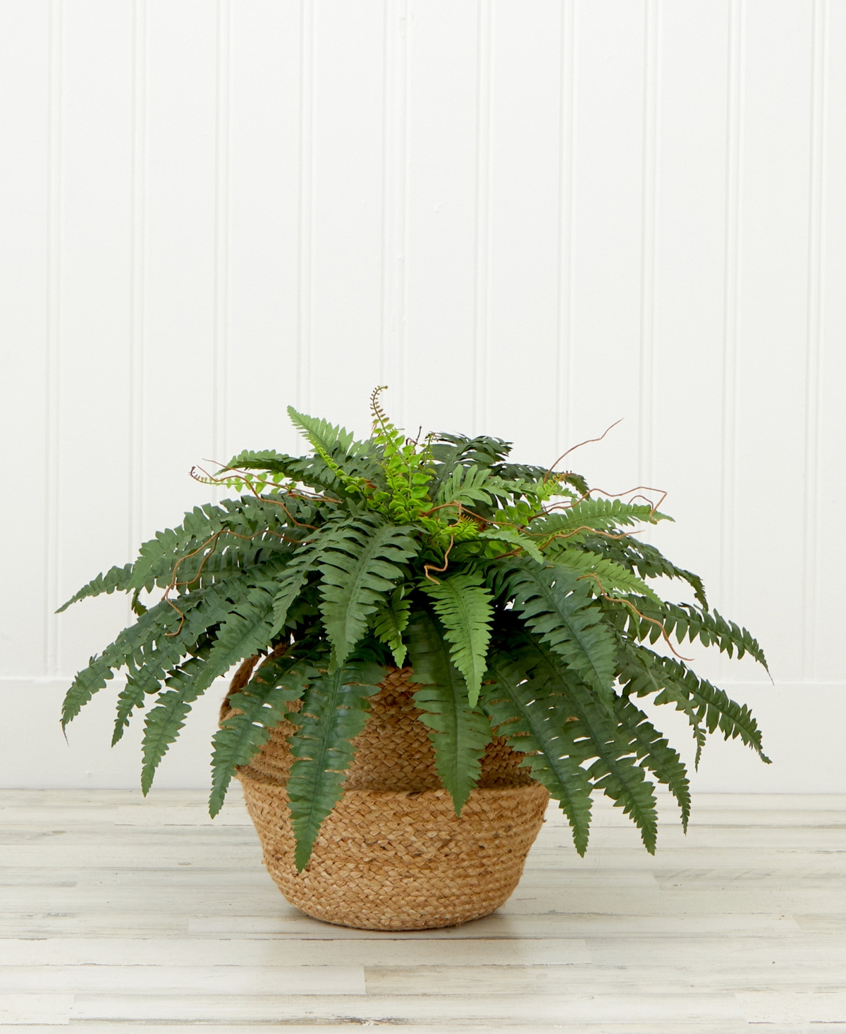 Nearly Natural 23" Artificial Boston Fern Plant With Handmade Jute Cotton Basket Diy Kit In Green
