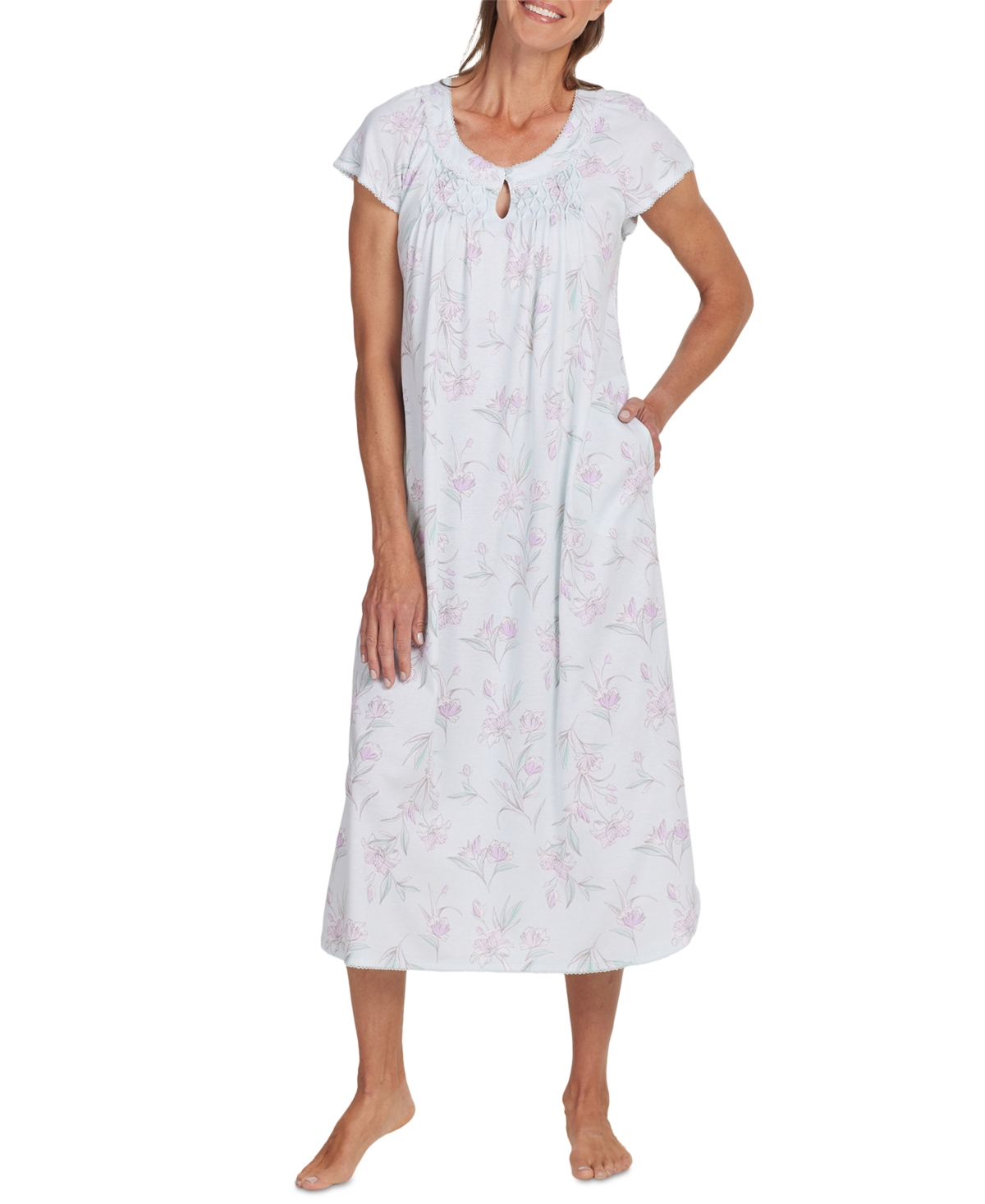 Miss Elaine Women's Short-sleeve Floral Keyhole Nightgown In Aqua,lilac Floral Stems
