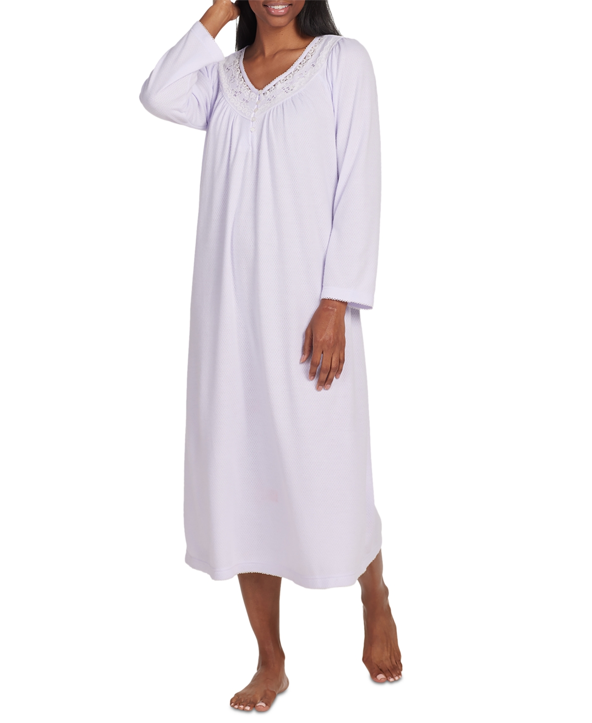Miss Elaine Women's Long-sleeve Lace-trim Nightgown In Lavender
