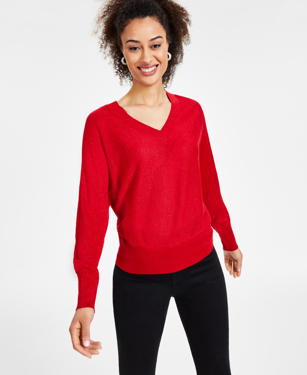 Inc International Concepts Women's Metallic Dolman-sleeve Top, Created For Macy's In Red Zenith