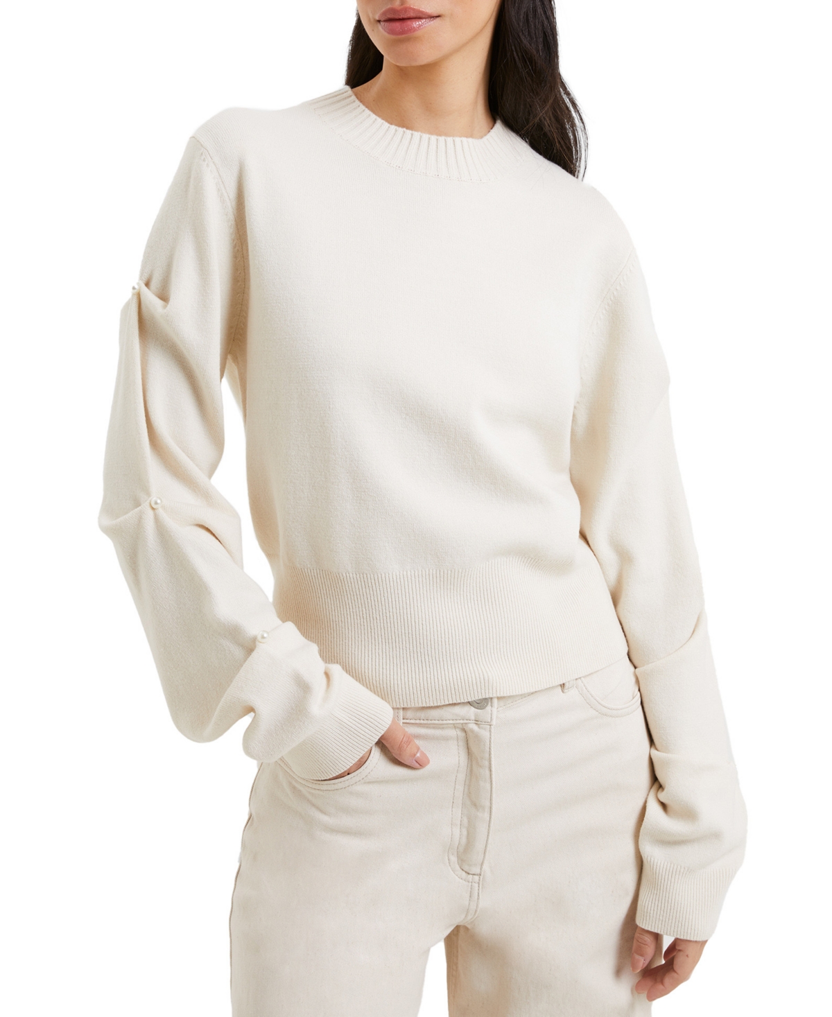 Women's Imitation Pearl-Sleeve Sweater - Classic Cream