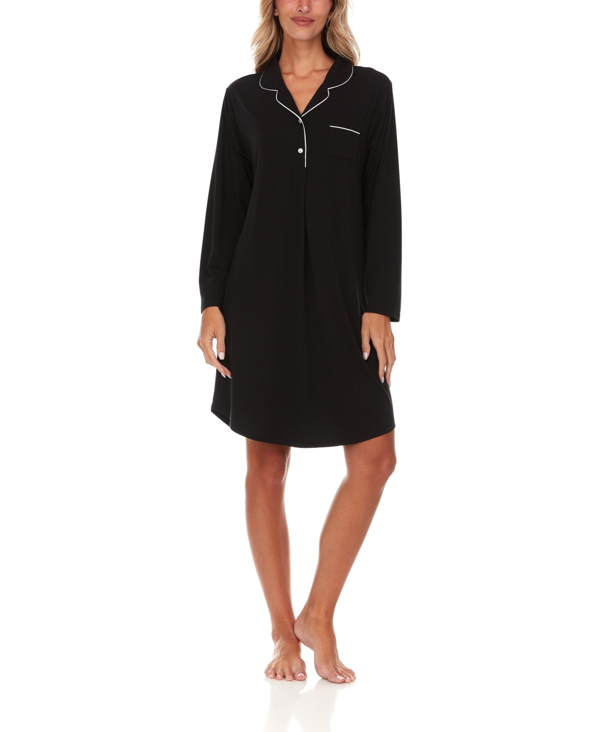 Flora By Flora Nikrooz Women's Deborah Long Sleeve Notch Knit Sleepshirt Nightgown In Black