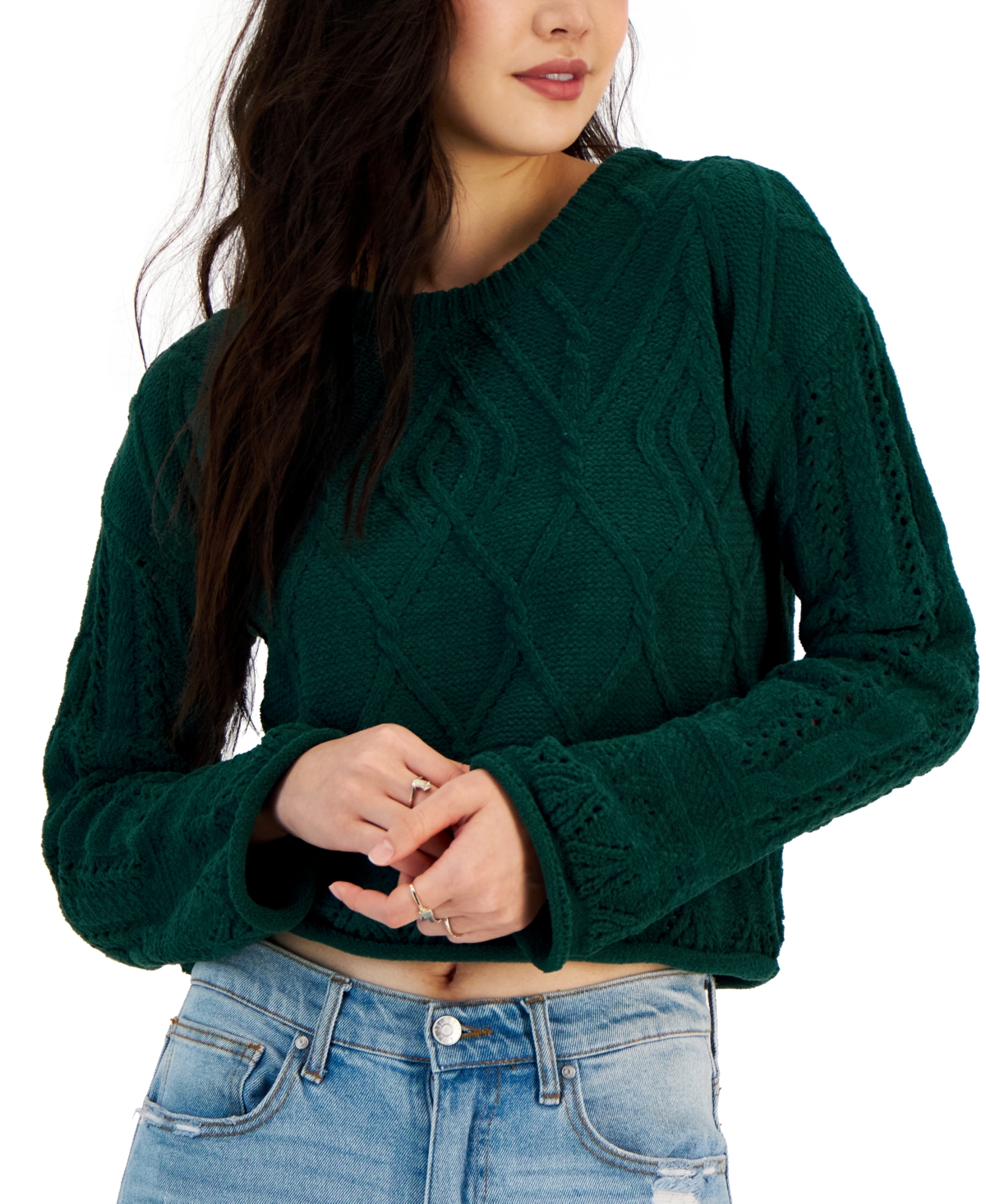 Juniors' Chenille Cropped Sweater - Rain Forest
