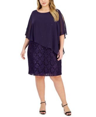 Connected - Plus Size Sequined-Lace Cape-Overlay Dress