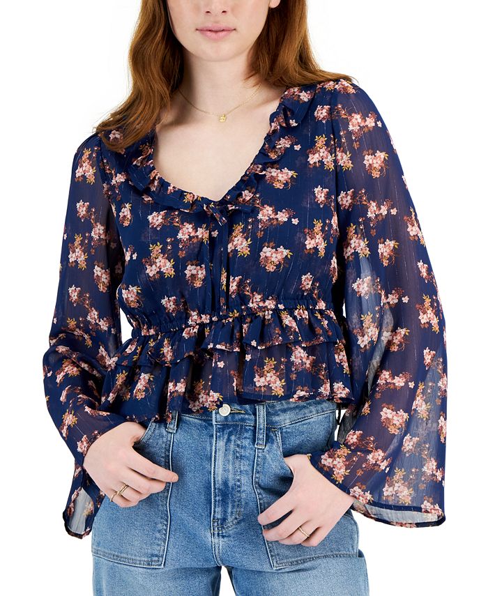 Bold floral print ruffled high neckline with tie detail