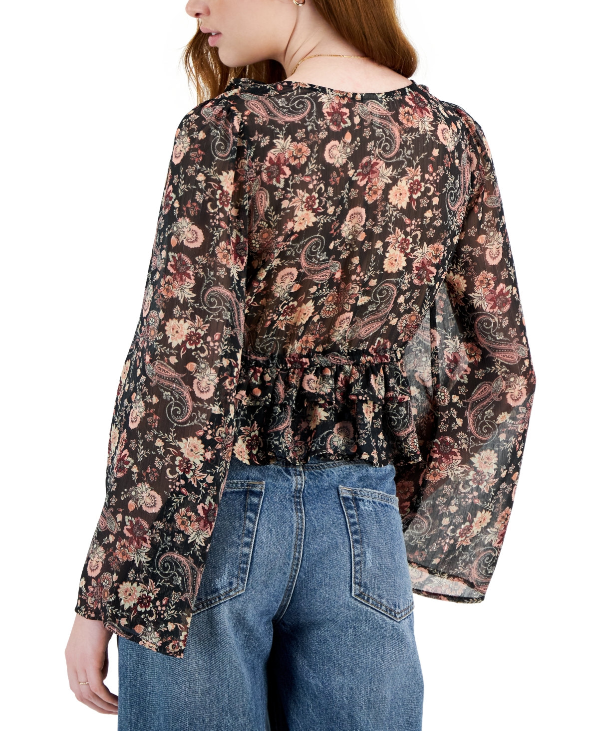 Shop Self Esteem Juniors' Floral-print Ruffled Bell-sleeve Top In Nitecap