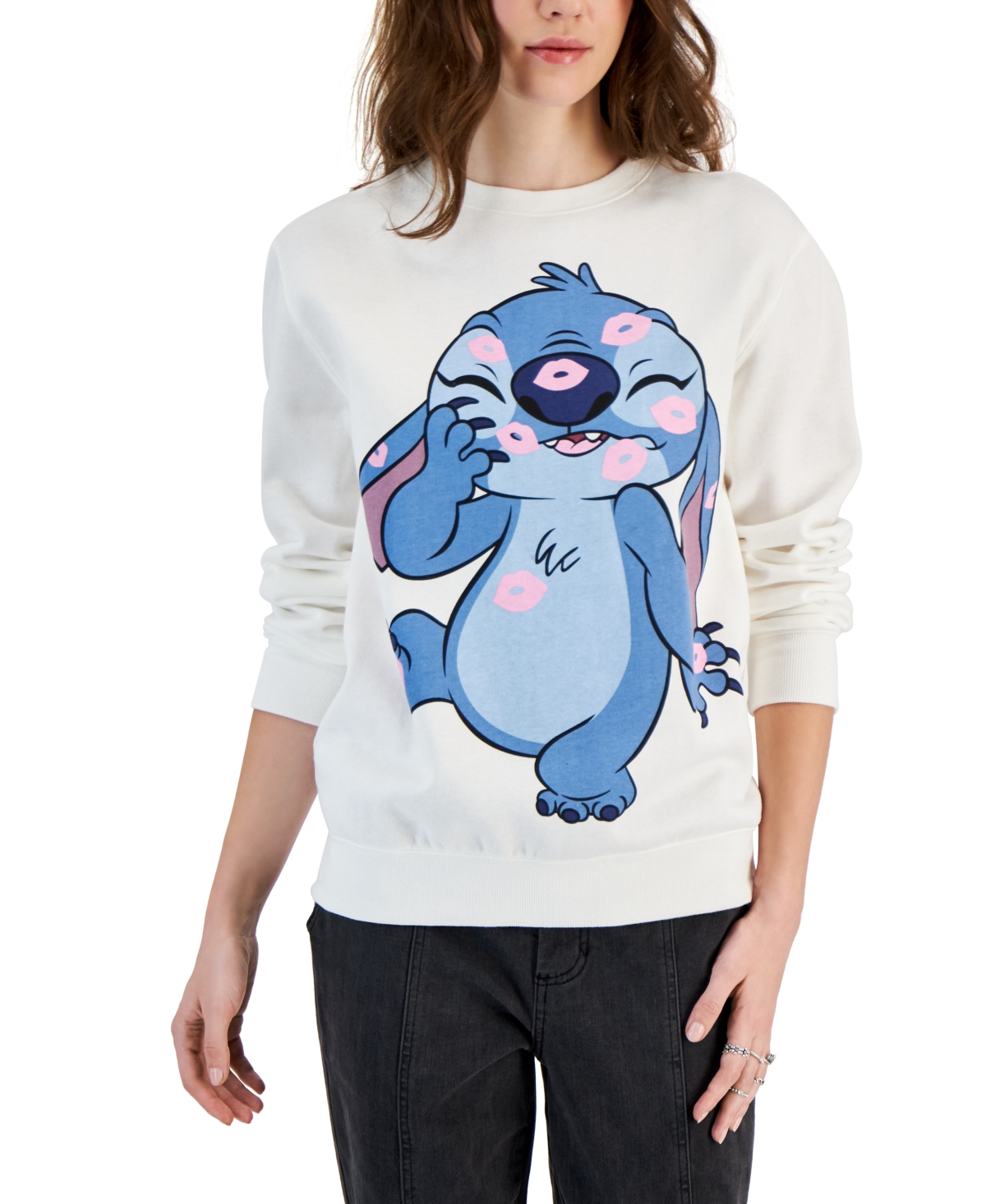 Disney Juniors' Stitch Long-sleeve Crewneck Sweatshirt In Egret
