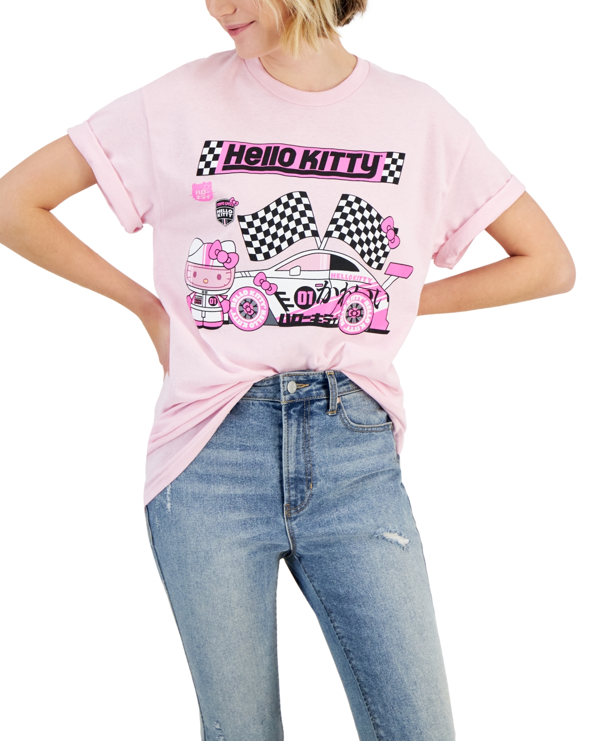 Juniors' Hello Kitty Race Car Graphic T-Shirt - Light Pink