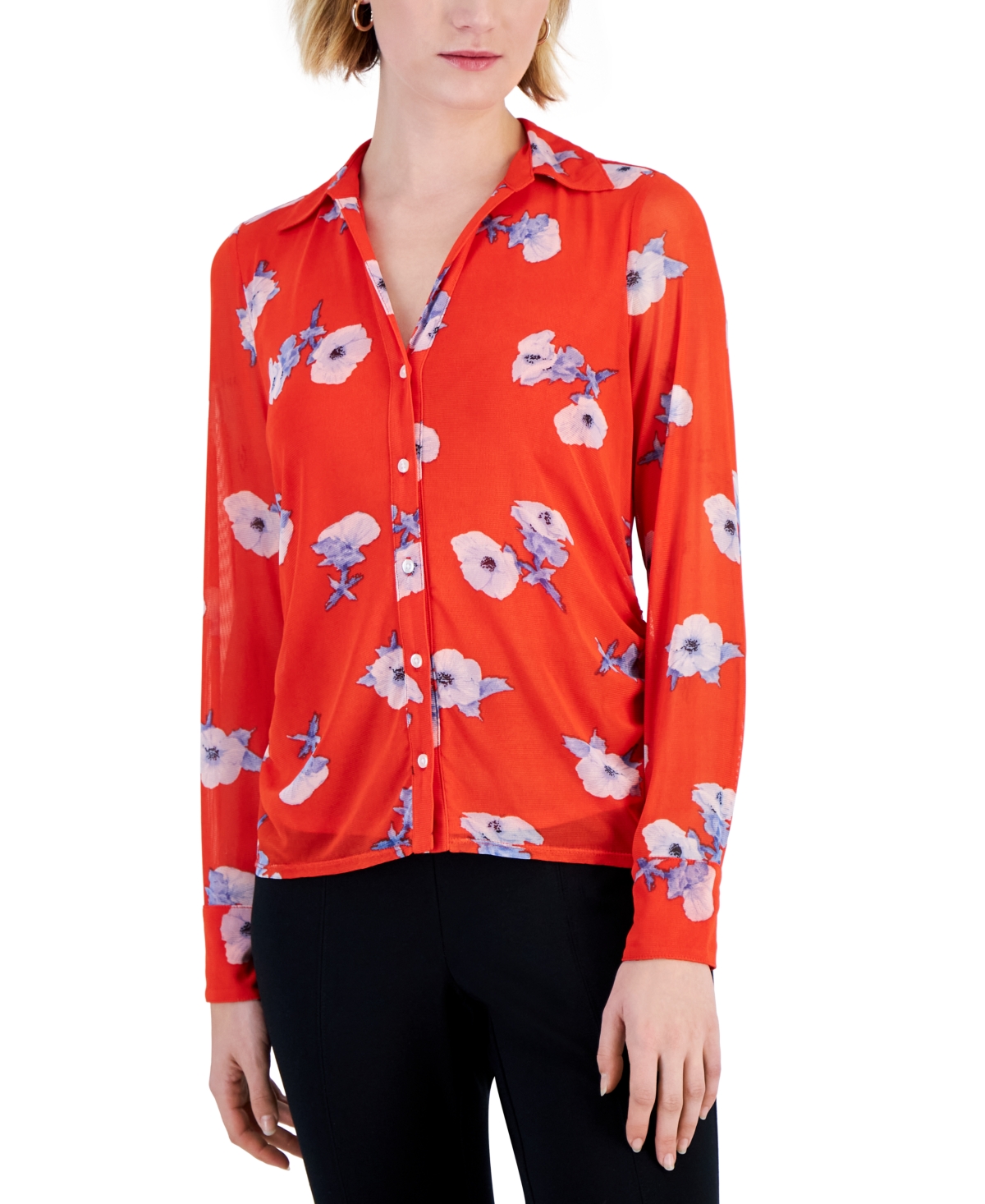 Women's Floral-Print Mesh Shirt, Created for Macy's - Spice Orange Multi