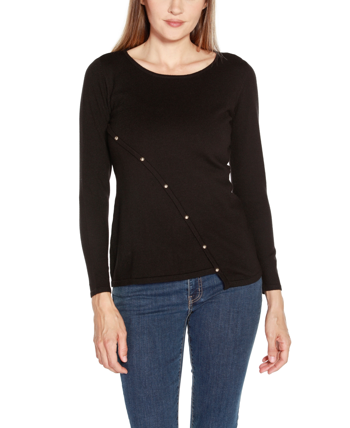 Belldini Plus Size Asymmetrical Crossover-front Sweater In Black