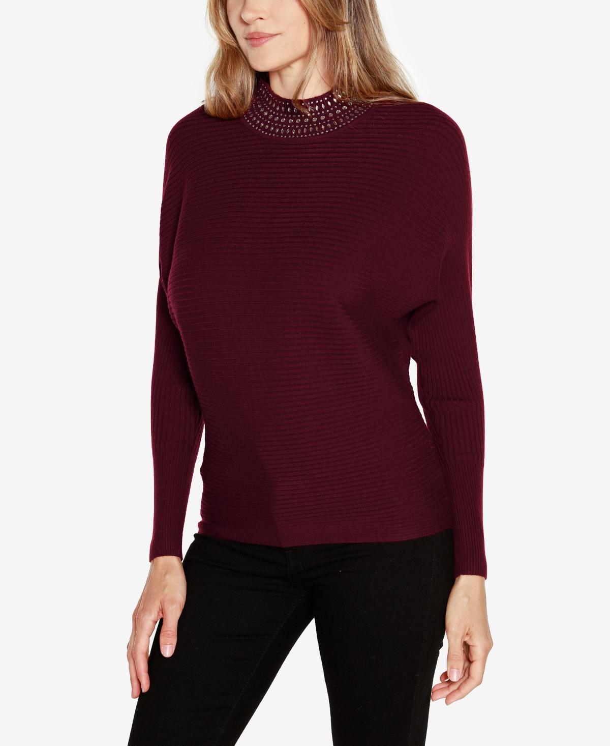 Belldini Women's Embellished Neck Ribbed Dolman Sweater