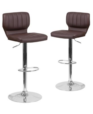 Set Of Two Swivel Bar Stools With Vertical Stitched Back And Adjustable Chrome Base With Footrest