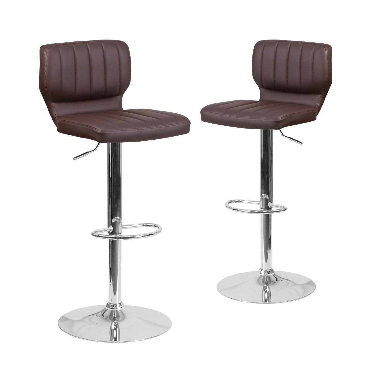Set Of Two Swivel Bar Stools With Vertical Stitched Back And Adjustable Chrome Base With Footrest