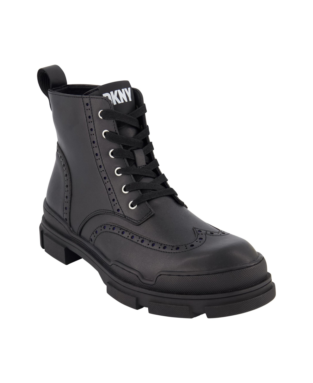 Shop Dkny Men's Perforated Rubber Lug Sole Wingtip Boots In Black