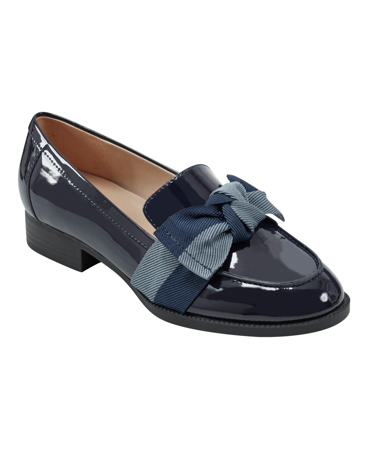 Bandolino Women's Lindio Bow Detail Block Heel Slip On Loafers In Navy Patent,blue Multi