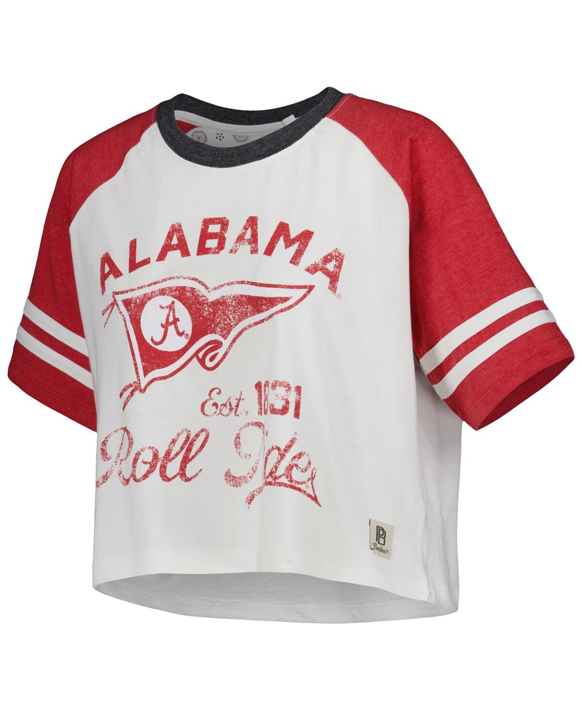 PRESSBOX WOMEN'S PRESSBOX WHITE DISTRESSED ALABAMA CRIMSON TIDE MELANGE BEAUMONT CROPPED RAGLAN T-SHIRT 