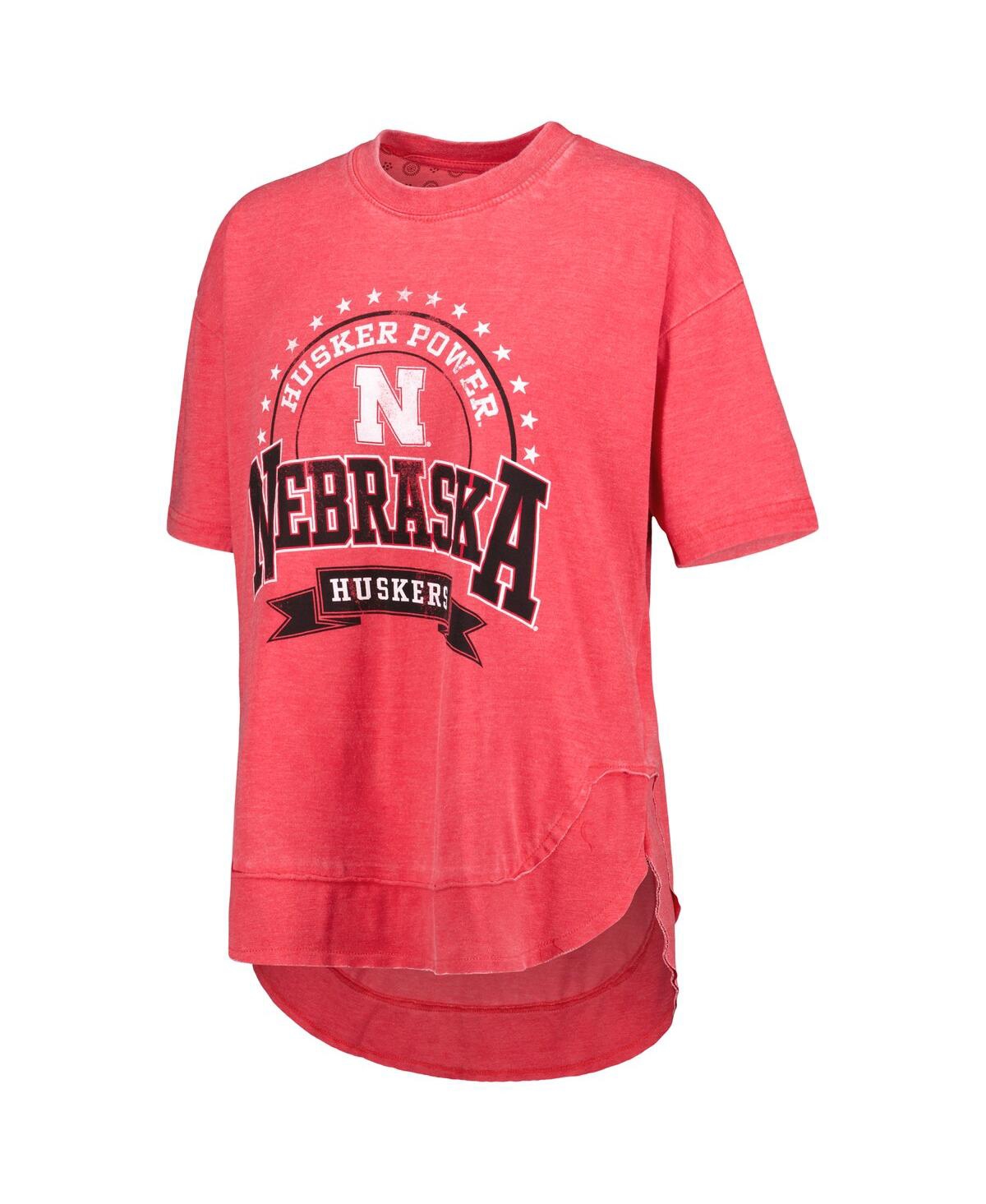 PRESSBOX WOMEN'S PRESSBOX SCARLET DISTRESSED NEBRASKA HUSKERS VINTAGE-LIKE WASH PONCHO CAPTAIN T-SHIRT 