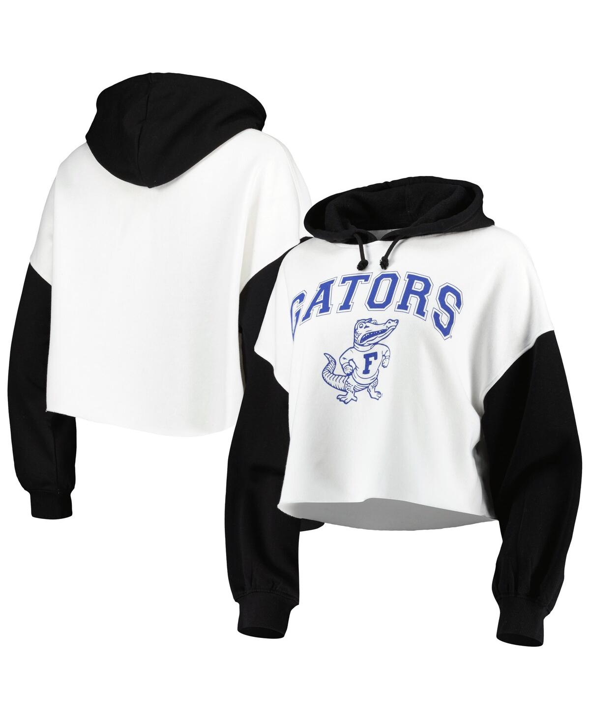 GAMEDAY COUTURE WOMEN'S GAMEDAY COUTURE WHITE, BLACK DISTRESSED FLORIDA GATORS GOOD TIME COLOR BLOCK CROPPED HOODIE