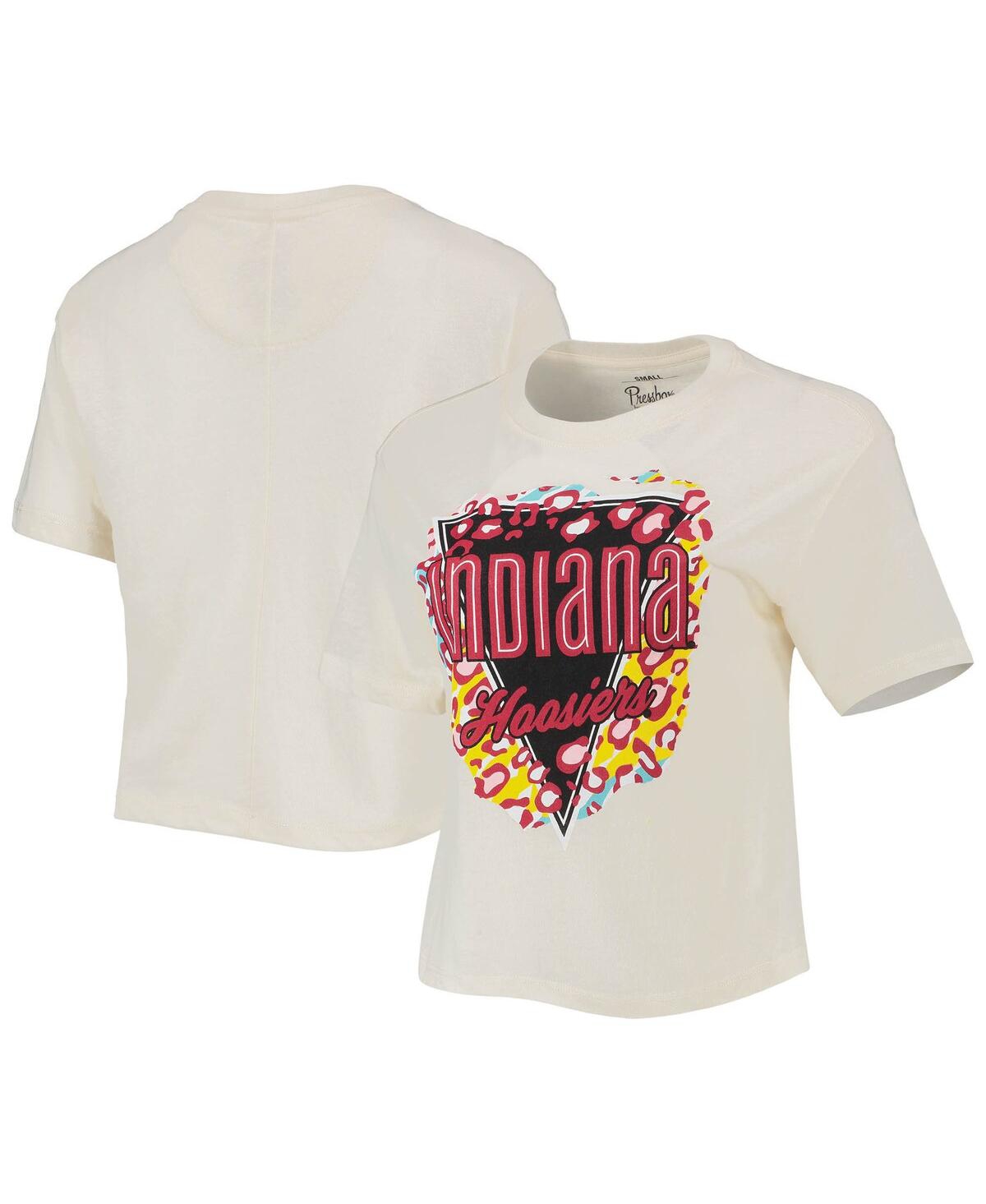 PRESSBOX WOMEN'S PRESSBOX CREAM INDIANA HOOSIERS TAYLOR ANIMAL PRINT CROPPED T-SHIRT 
