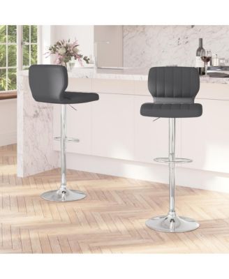Set Of Two Swivel Bar Stools With Vertical Stitched Back And Adjustable Chrome Base With Footrest