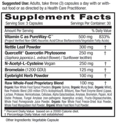 Allergy Health with Vitamin C, Quercetin, and Bromelain - Natural Allergy Pills and Antihistamine Support - 90 Vegetable Capsules