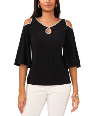 MSK - Petite Beaded-Trim Keyhole Cold-Shoulder Knit Top