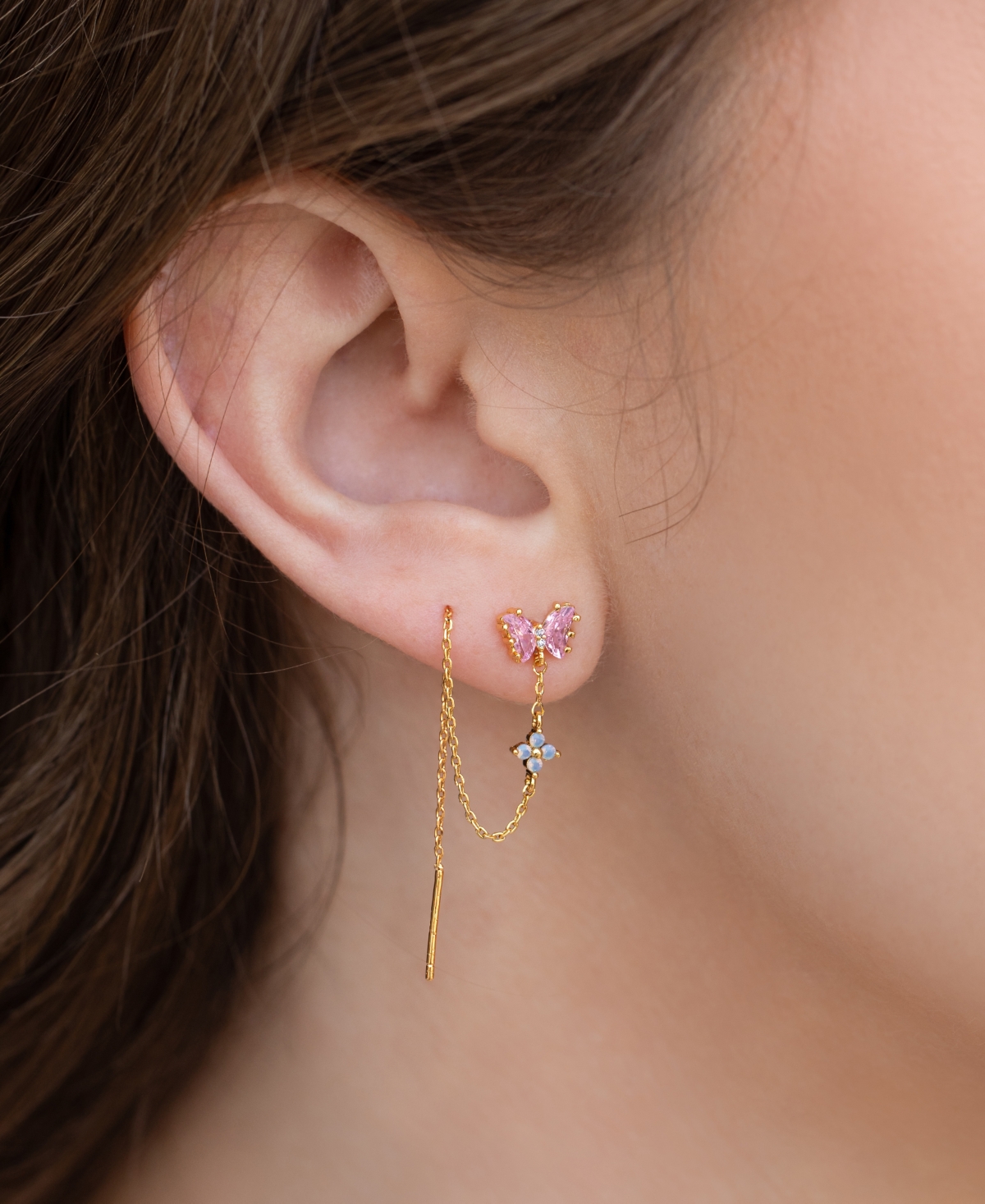 Girls Crew 18kPlated Color Crystal Butterfly & Chain Single Threader Earring - Gold