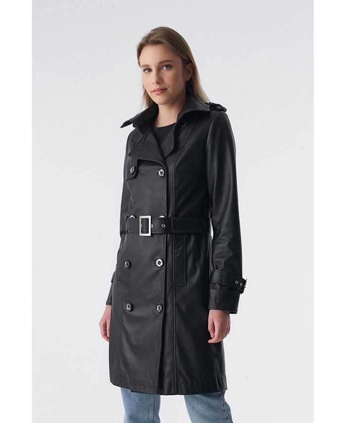 Furniq UK Women's Genuine Leather Trench Coat, Black - Macy's