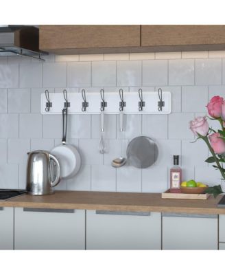 Enid 34 Inch Wall Mount Pine Wood Storage Rack With Hanging Hooks, Entryway, Kitchen, Bathroom