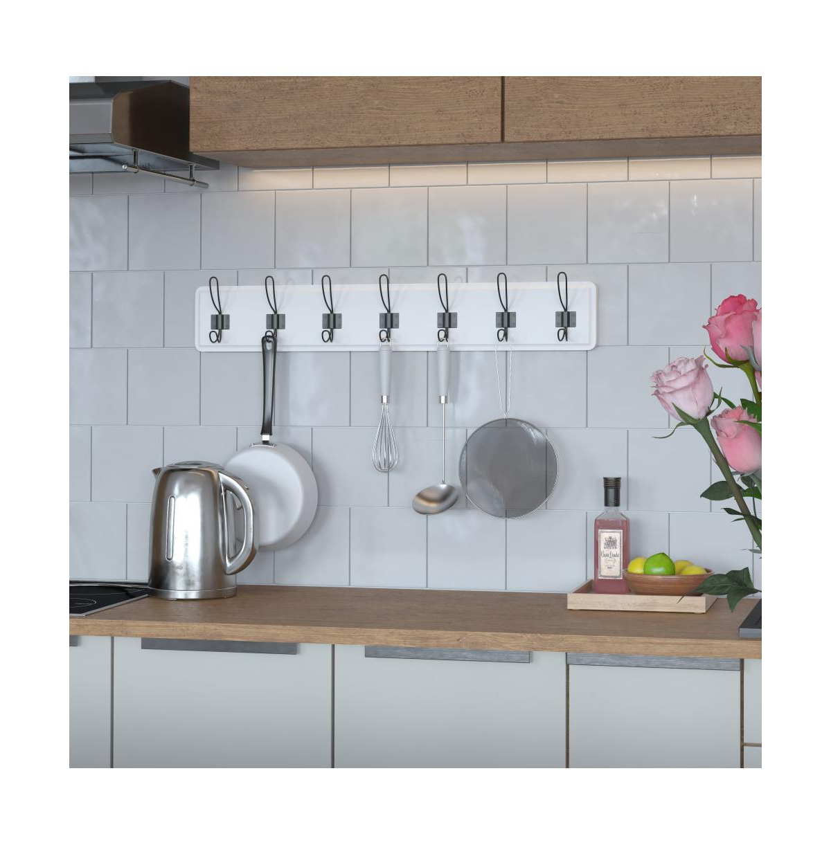 Enid Wall Mount Pine Wood Storage Rack With Hanging Hooks, Entryway, Kitchen, Bathroom