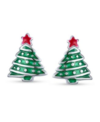 Small Fun Winter Holiday Red Star Enamel Green Christmas Tree Stud Earrings Sterling Silver