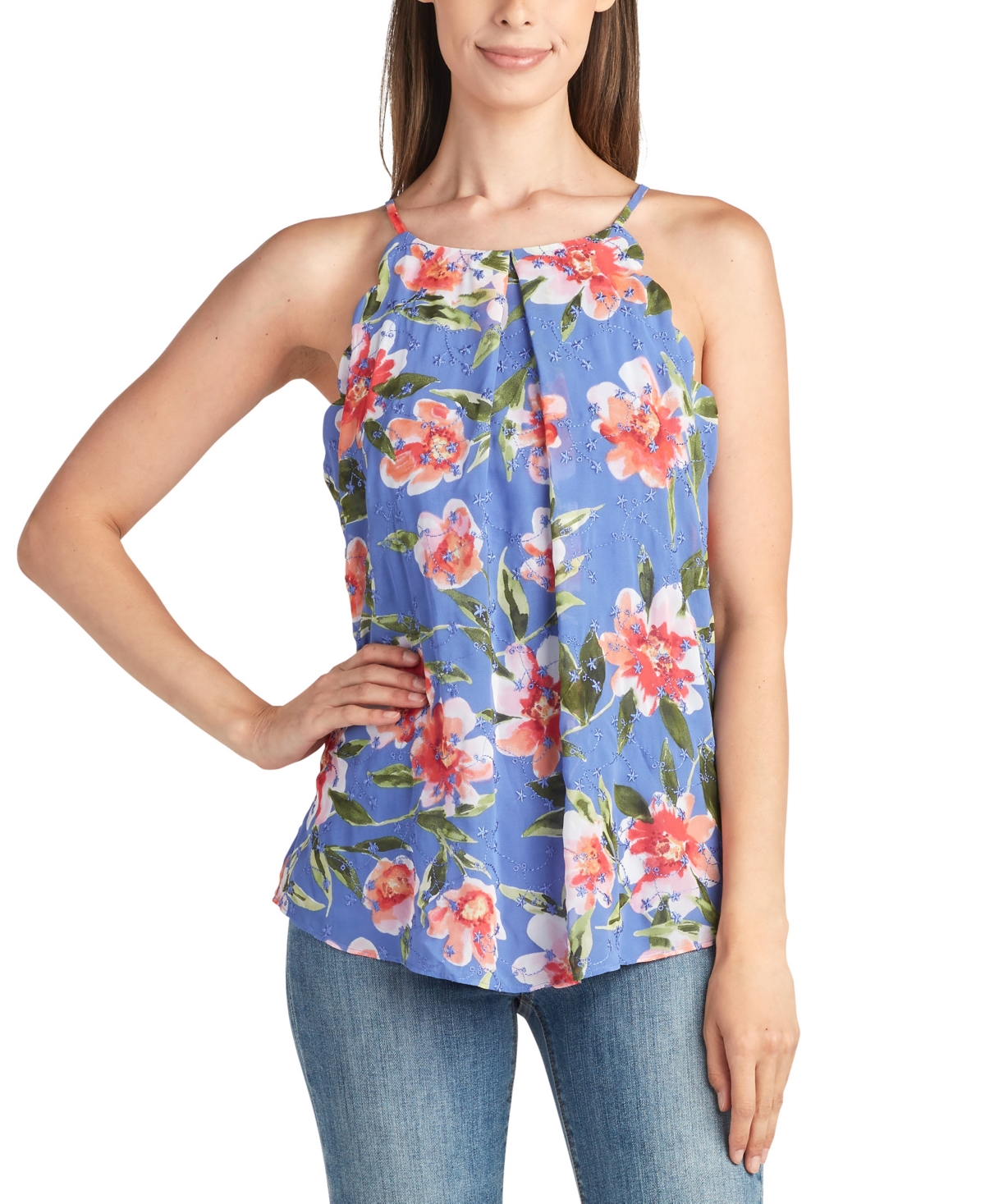 Juniors' Floral Eyelet Halter Scallop-Edged Top - Pat A
