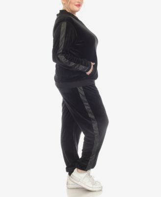Plus Size Faux Leather Stripe Velour 2 Piece Tracksuit Set