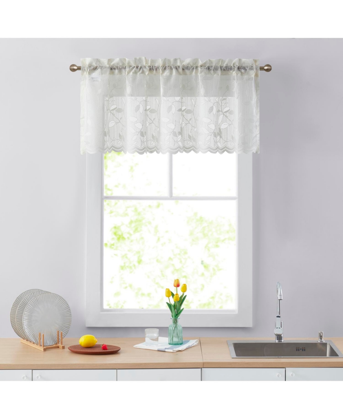 Joyce Lace Sheer Kitchen Curtain Valance Topper - Rod Pocket for Small Windows, Bathroom & Kitchen - 54 W x 18 L - Linen taupe