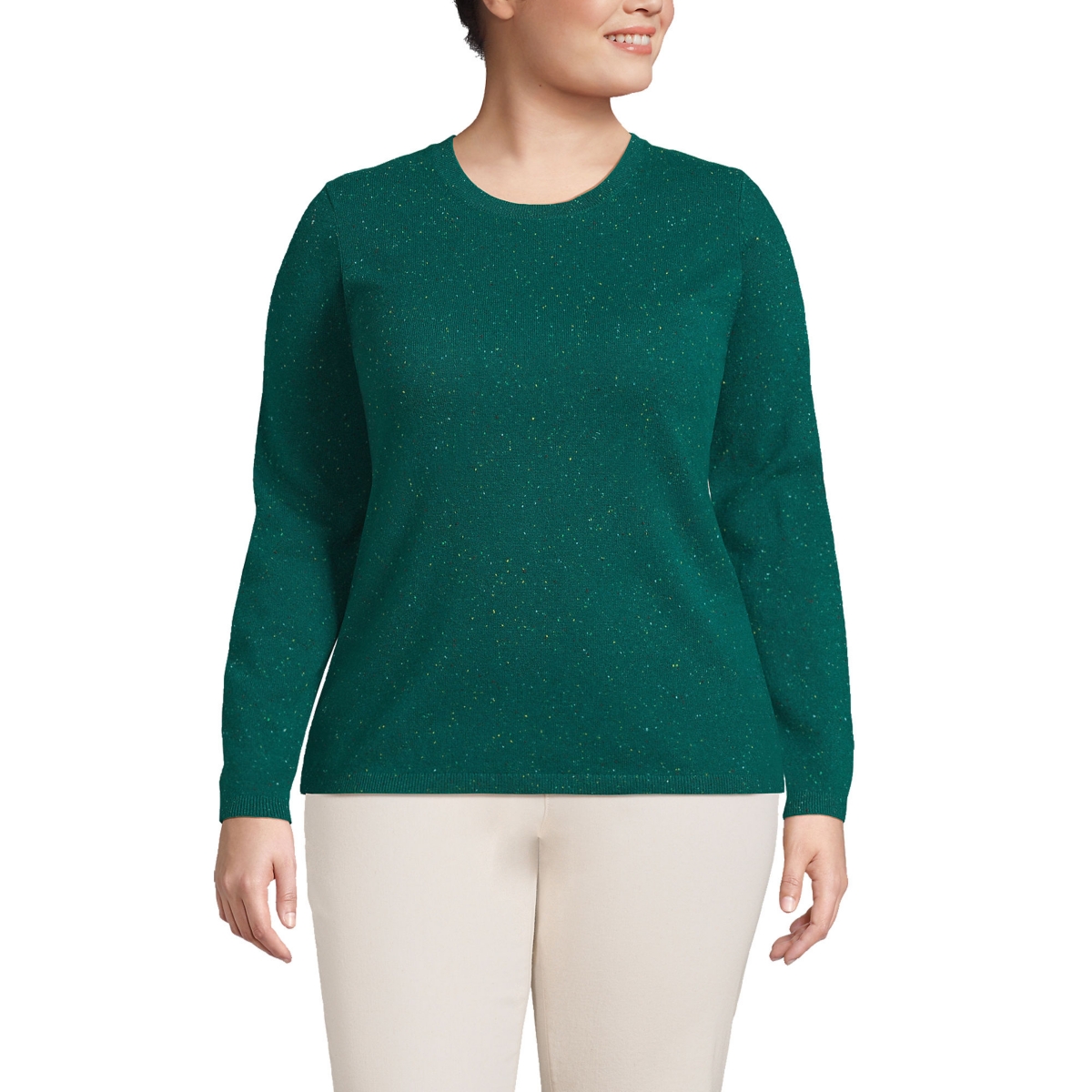 Plus Size Cashmere Crewneck Sweater - Bright evergreen donegal