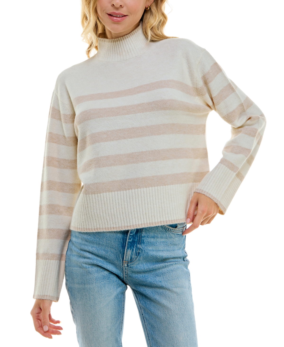 Ultra Flirt Juniors' Striped Mock-turtleneck Sweater In Gardenia,as Sample