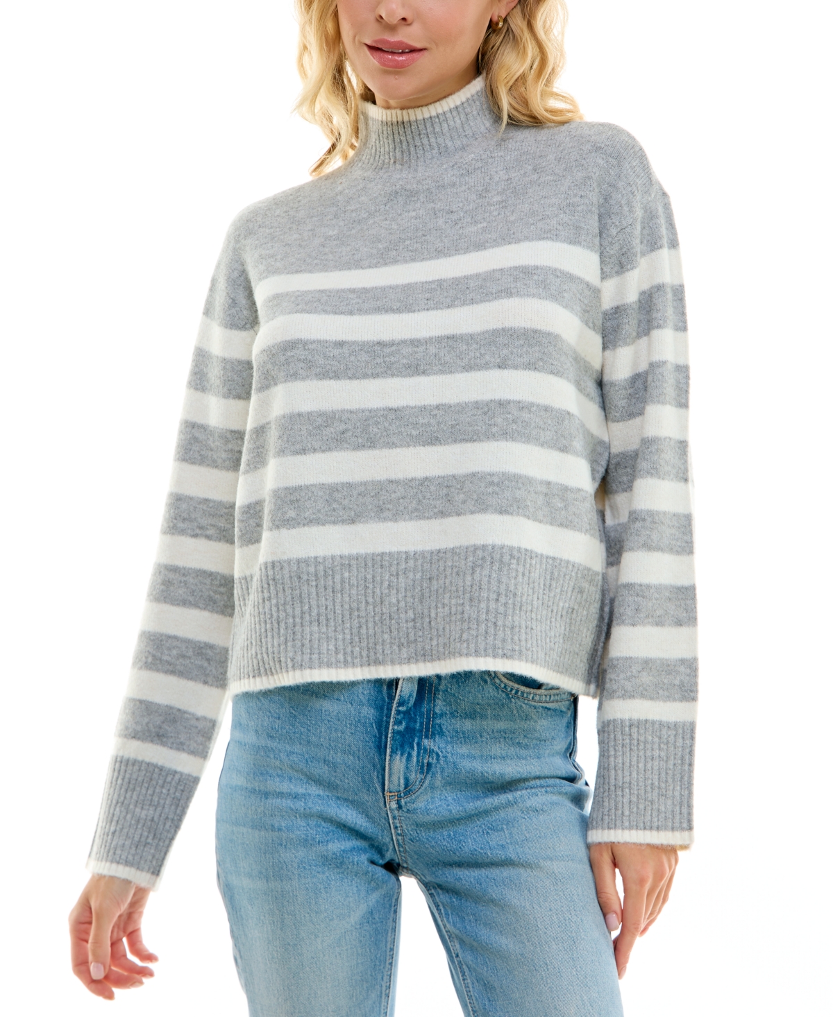 Ultra Flirt Juniors' Striped Mock-turtleneck Sweater In Heather Grey,gardenia