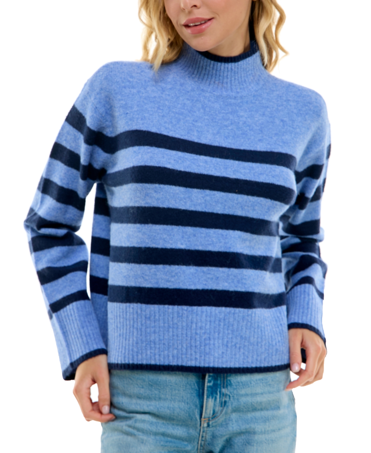 Ultra Flirt Juniors' Striped Mock-turtleneck Sweater In Hydrangea,peacoat