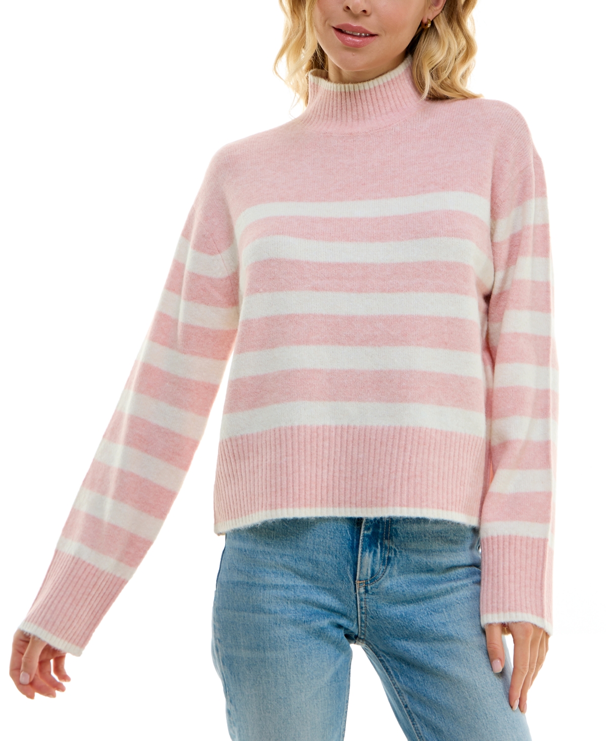 Ultra Flirt Juniors' Striped Mock-turtleneck Sweater In Peachskin,gardenia