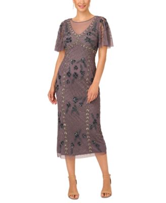 Adrianna Papell - Petite Beaded Flutter-Sleeve Column Gown