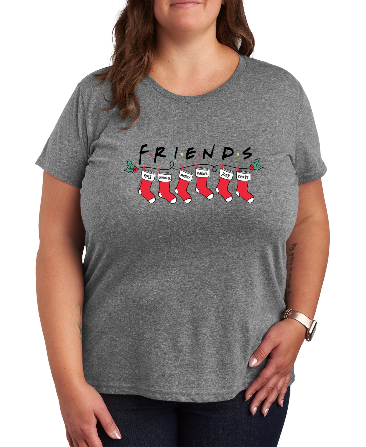 Air Waves Trendy Plus Size Friends Christmas Graphic T-shirt - Gray