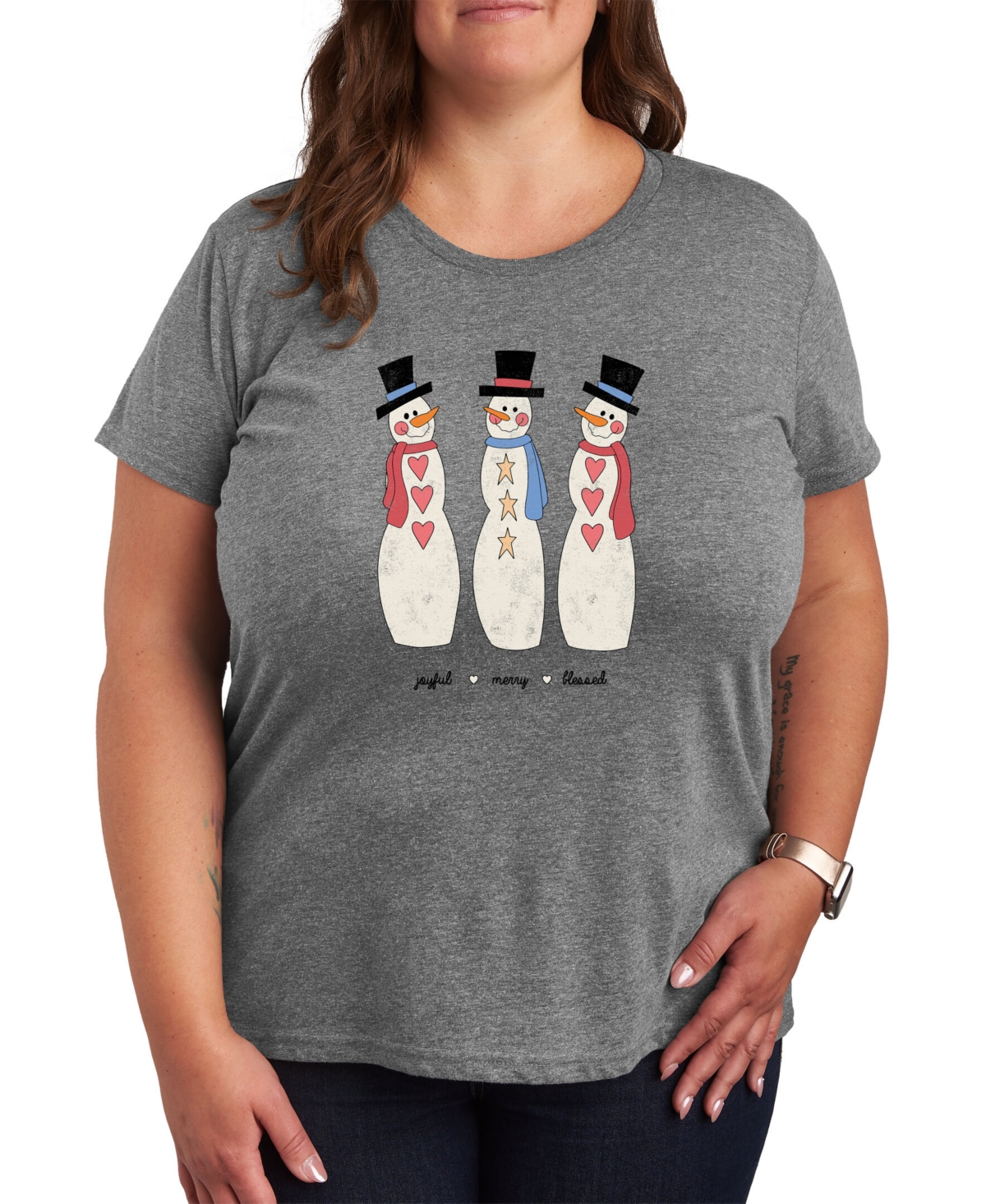 Air Waves Trendy Plus Size Holiday Snowman Graphic T-shirt In Gray